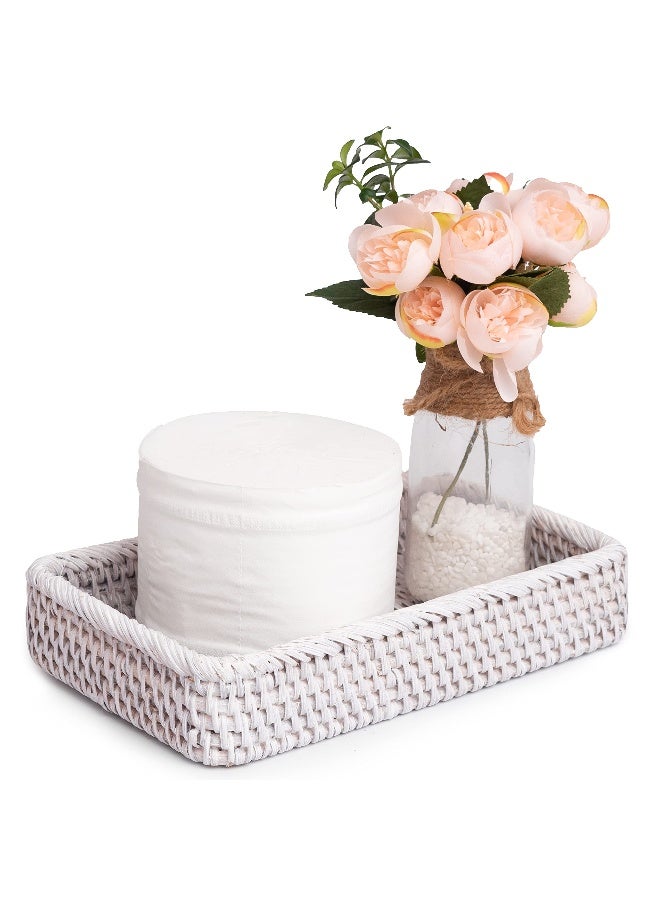 CELEZAR Farmhouse Toilet Paper Holder 10 x 6 x 2 in White Serving Tray Decorative Toilet Paper Basket Storage Bathroom Sink Vanity Trays Shallow Storage Bins Vanity Tray Rattan Guest Towel Napkin (White Wash) - Image 1